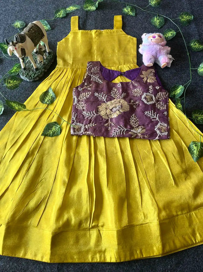 Kids Tissue Gown with Handwork Coat - Yellow