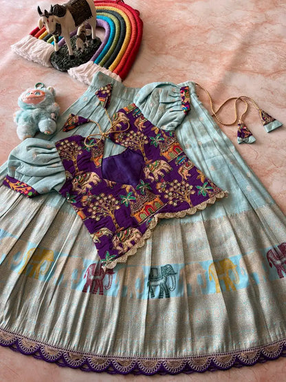 Kids Elephant 3D Weaving Lehenga - Sky