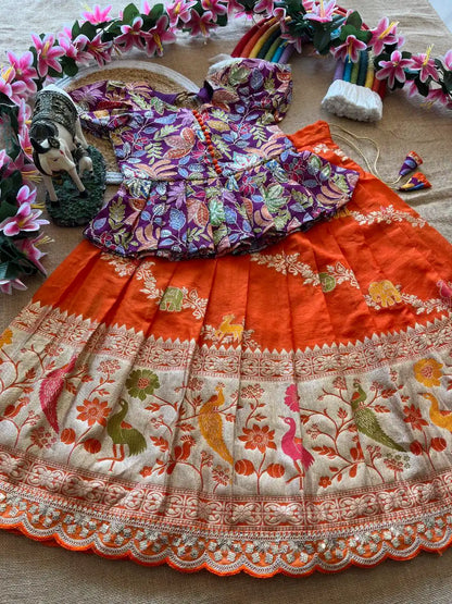 Kids Khadi Silk Animal Theme Weaving Lehenga - Orange