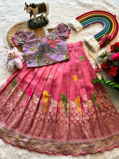 Kids Crepe Position Printed Lehenga - Pink
