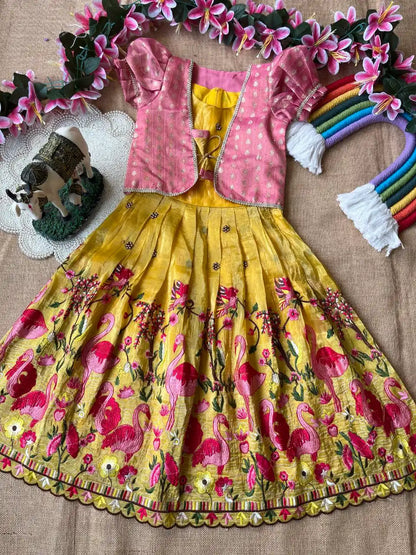 Flamingo Embroidery Kids Gown & Coat - Yellow