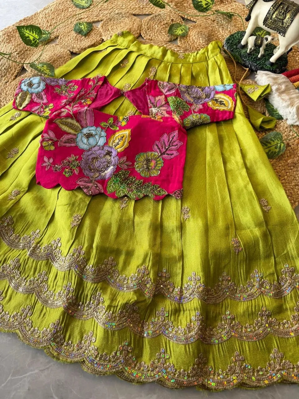 Kids Rainbow Work Designer Lehenga - Pink & Parrot