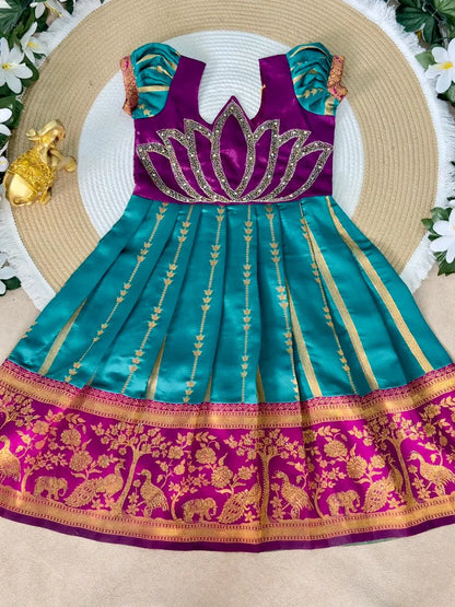 Jaquard Silk Lotus Maggam Work Gown/Frock - Purple & Rama
