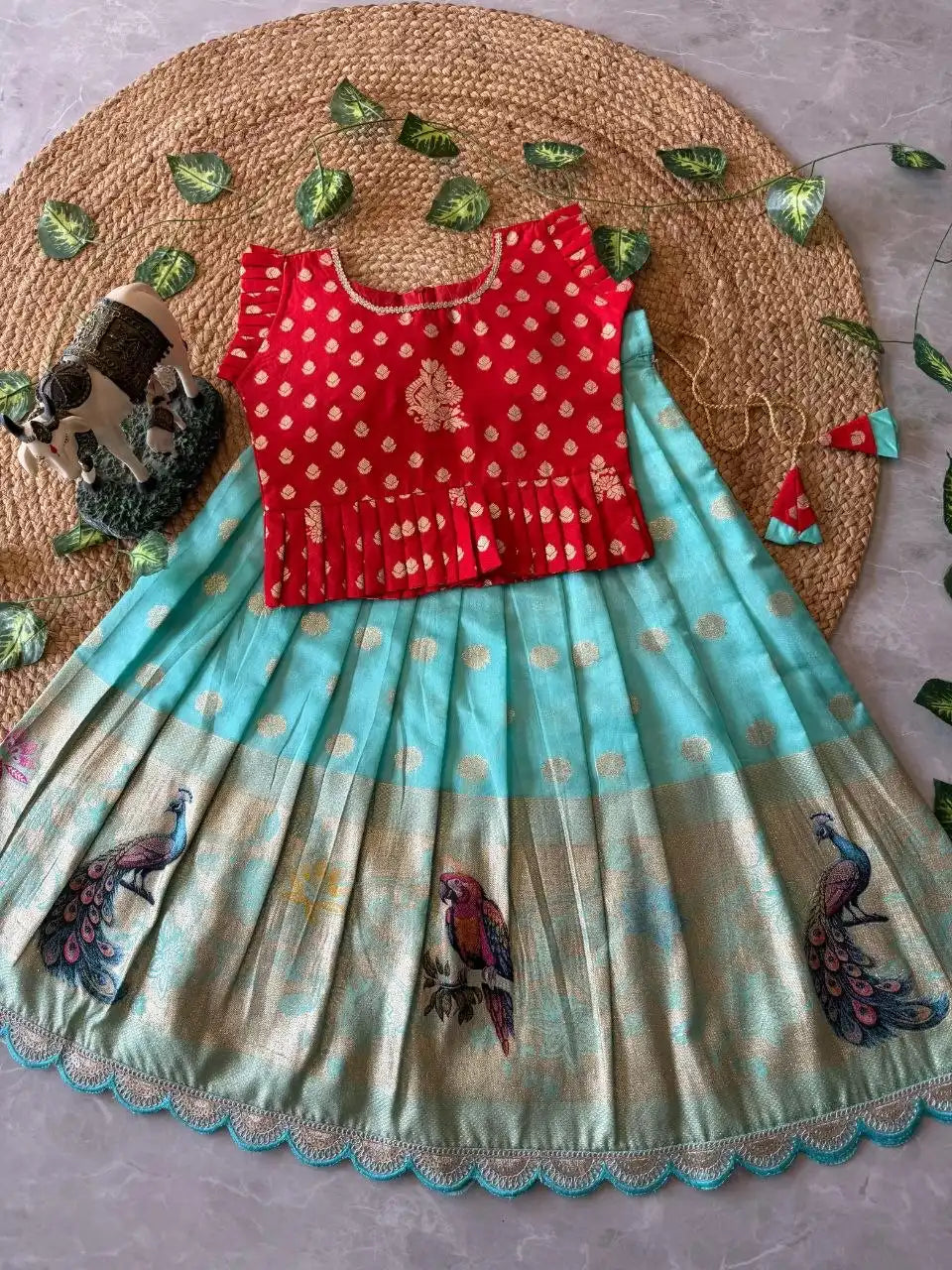 Peacock Grace Kids Lehenga Set - Red & Sky
