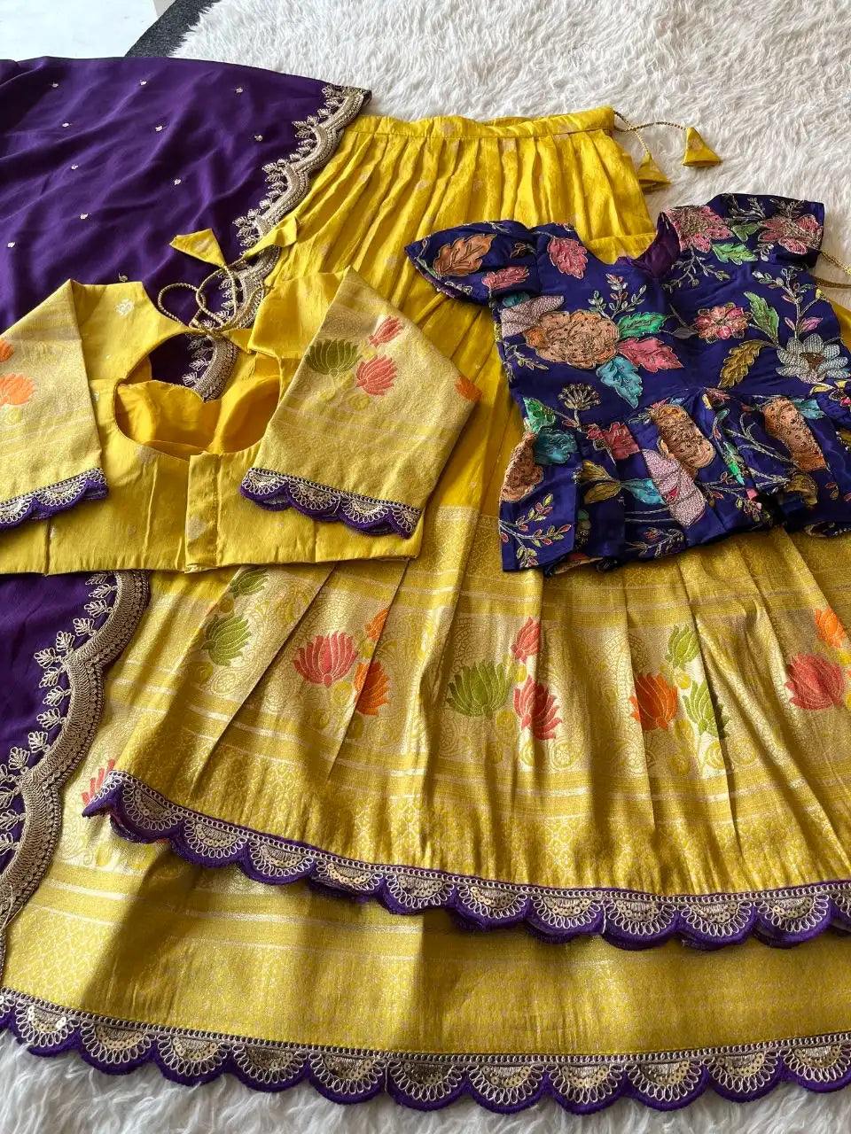 Soft Tissue Silk Embroidered Kids Lehenga Choli - Blue & Yellow