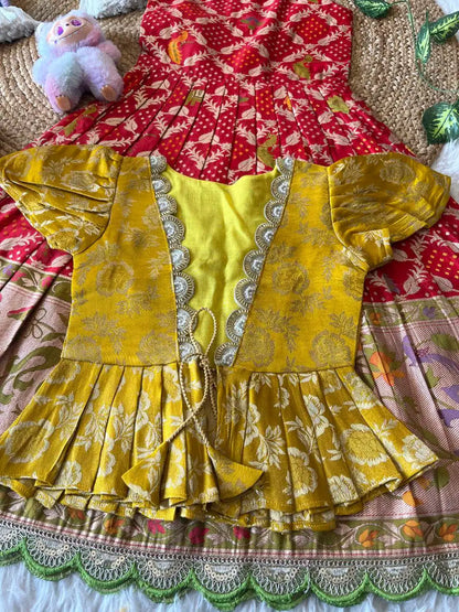 Kids Gown with Designer Coat - Yellow & Red