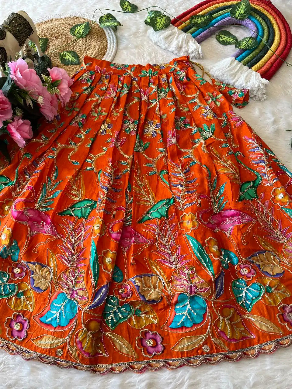 Kids Dola Silk Position Embroidered Lehenga Set - Yellow