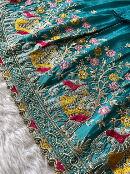 Kids Crush Fabric Elephant Embroidery Lehenga Set - Sky