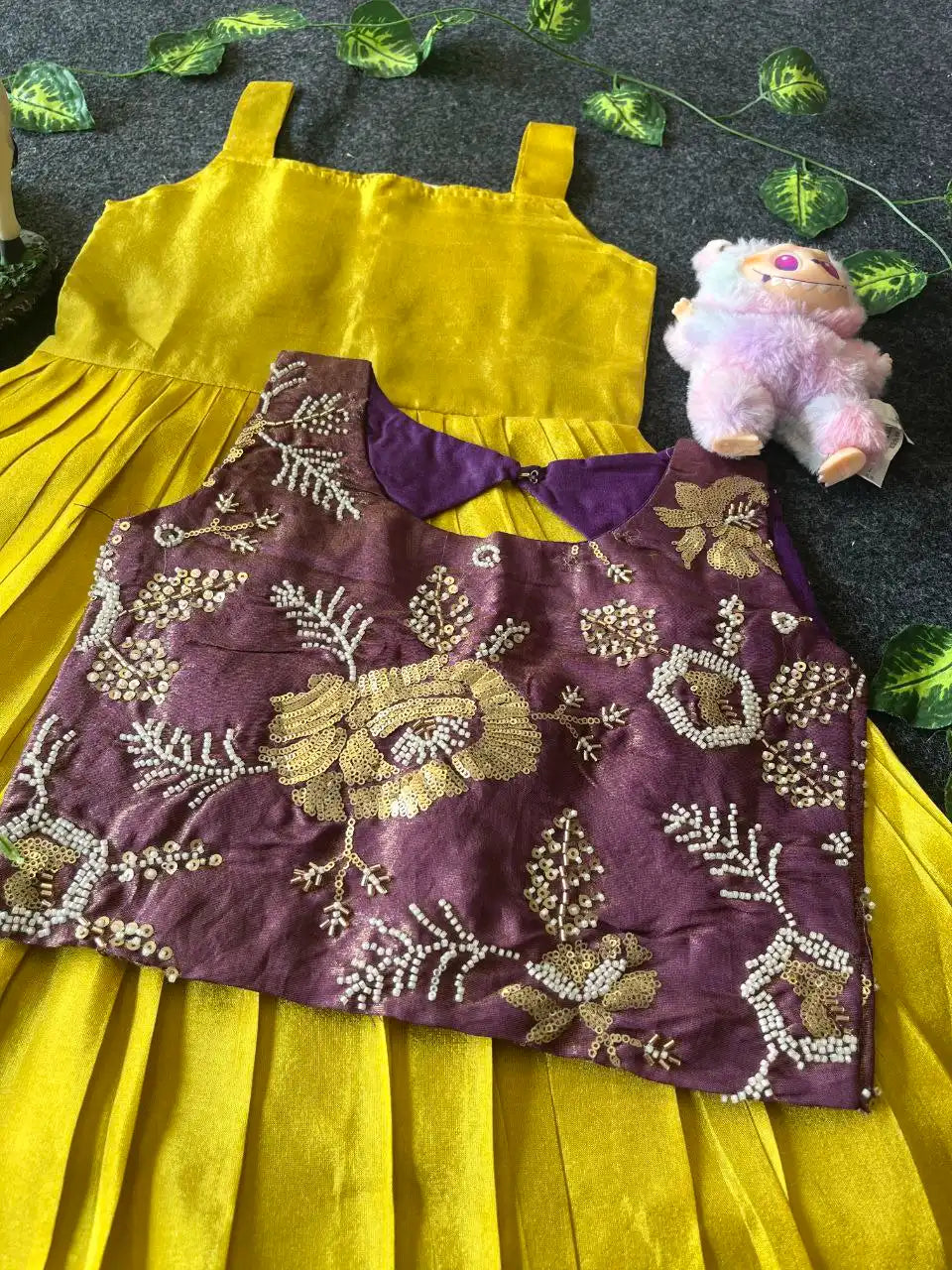 Kids Tissue Gown with Handwork Coat - Yellow