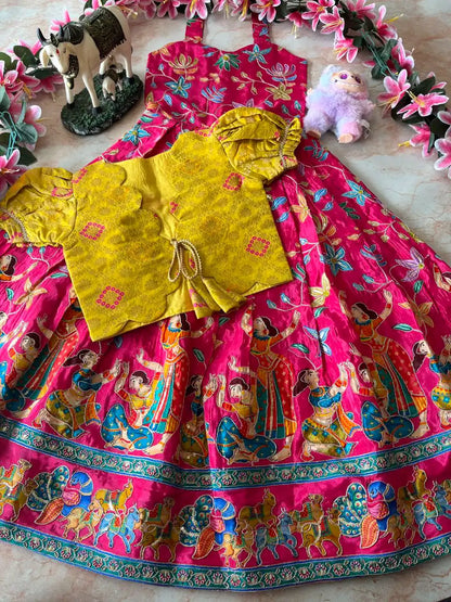 Beautiful Position & Kalamkari Kids Gown with Coat - Pink