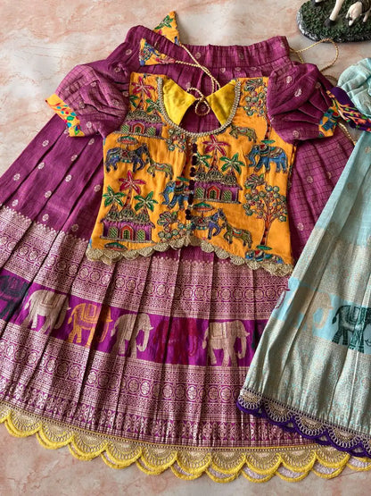 Kids Elephant 3D Weaving Lehenga - Rani Pink