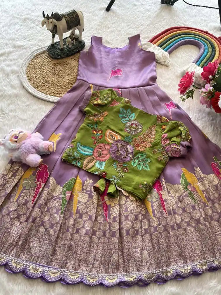 Parrot Design Floral Kids Gown with Coat - Lilac