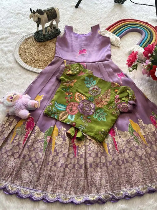 Parrot Design Floral Kids Gown with Coat - Lilac
