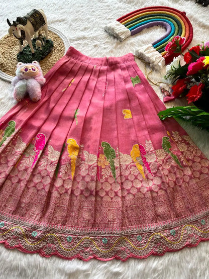 Kids Crepe Position Printed Lehenga - Pink