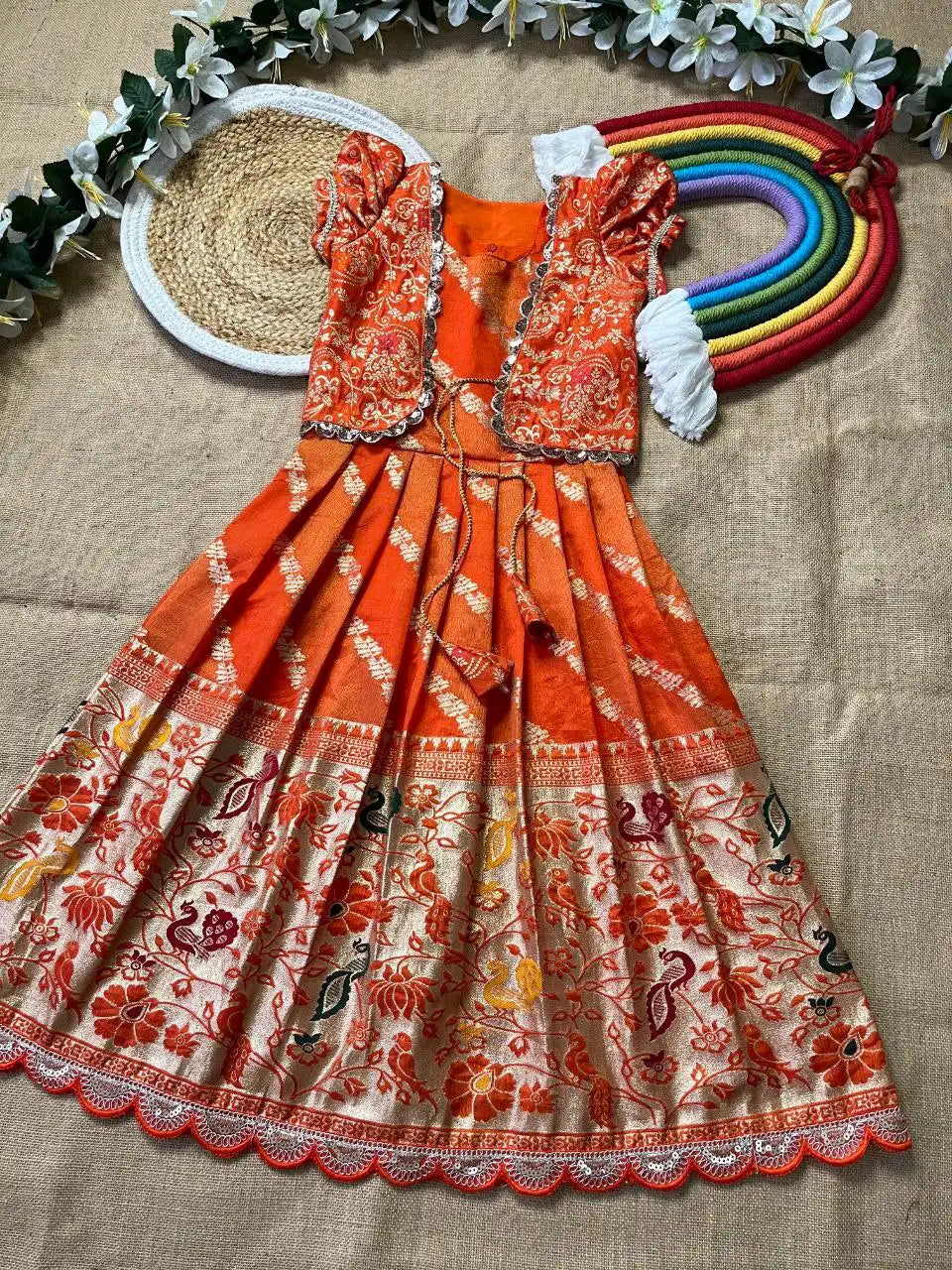 Soft Tissue Silk Paithani Weaving Kids Gown - Orange