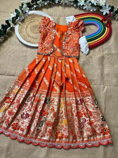 Soft Tissue Silk Paithani Weaving Kids Gown - Orange