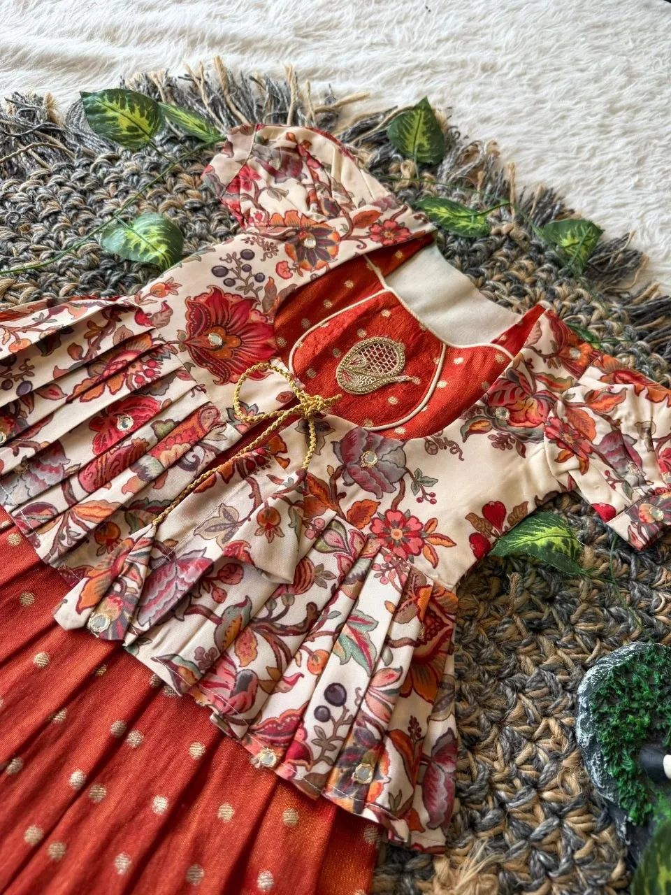 Kids Tissue Gown Kalamkari Mirror Work Coat - Red