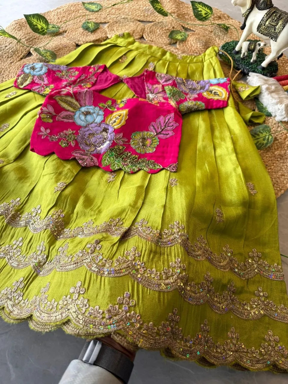 Kids Rainbow Work Designer Lehenga - Pink & Parrot