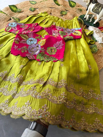 Kids Rainbow Work Designer Lehenga - Pink & Parrot