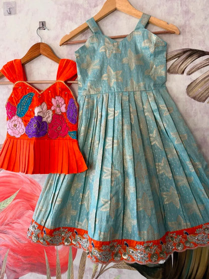 Kids Floral Gown with Maggam Work Coat - Sky