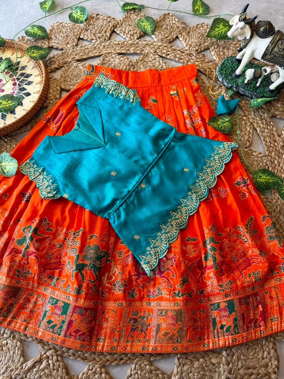 Kids Jungle Theme Position Jacquard Lehenga - Sky-Orange