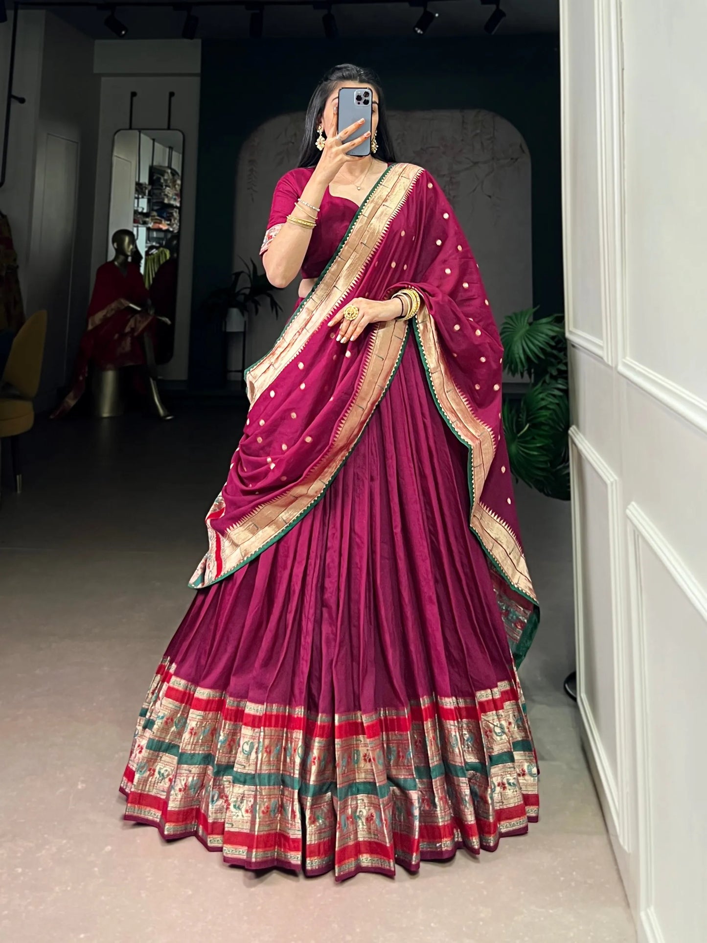 Soft Pure Chanderi Gotta Patti Lace Paithani Lehenga Choli - Majenta Pink