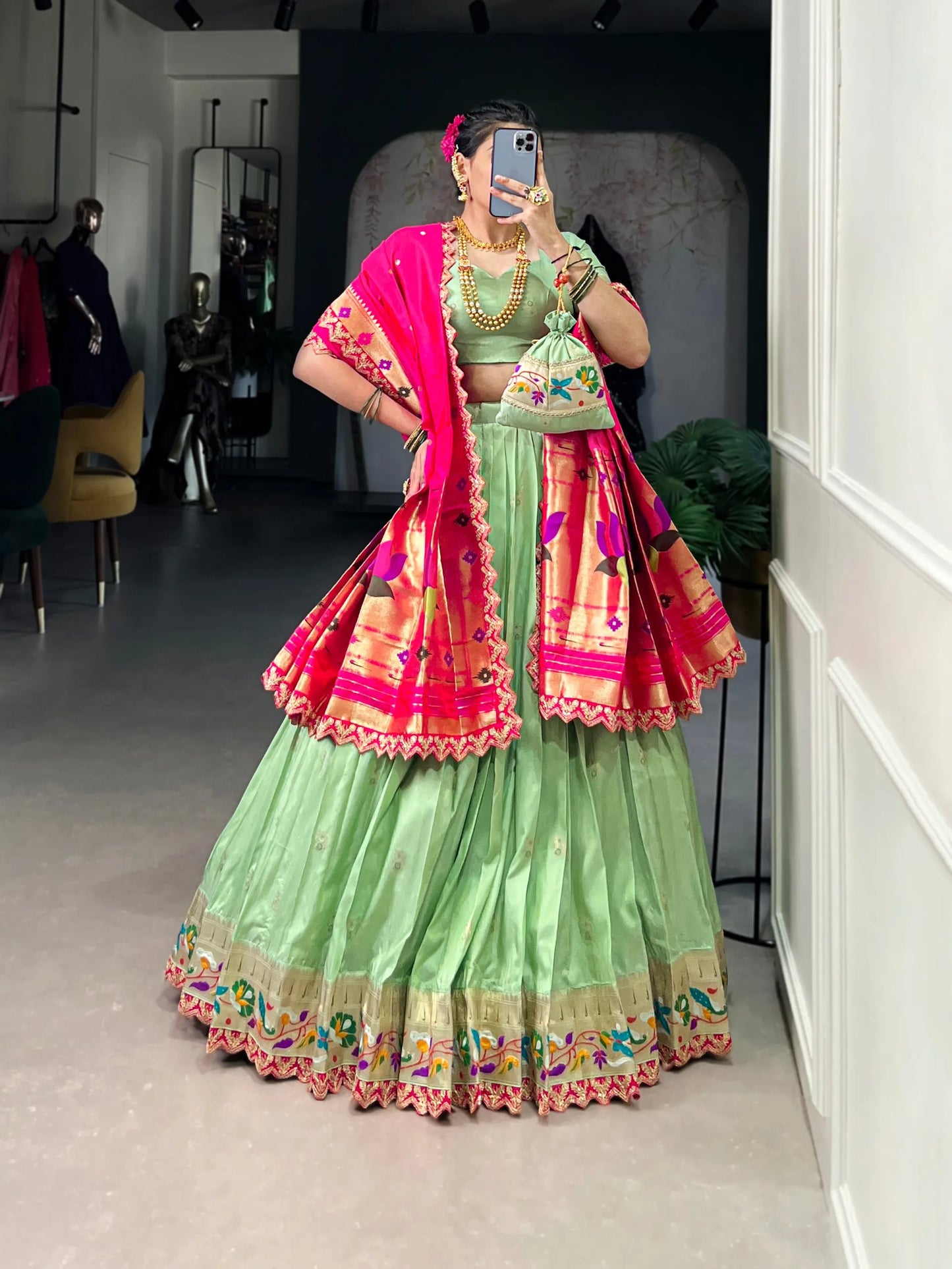 Maharashtrian Wedding Paithani Lehenga Choli - Pista
