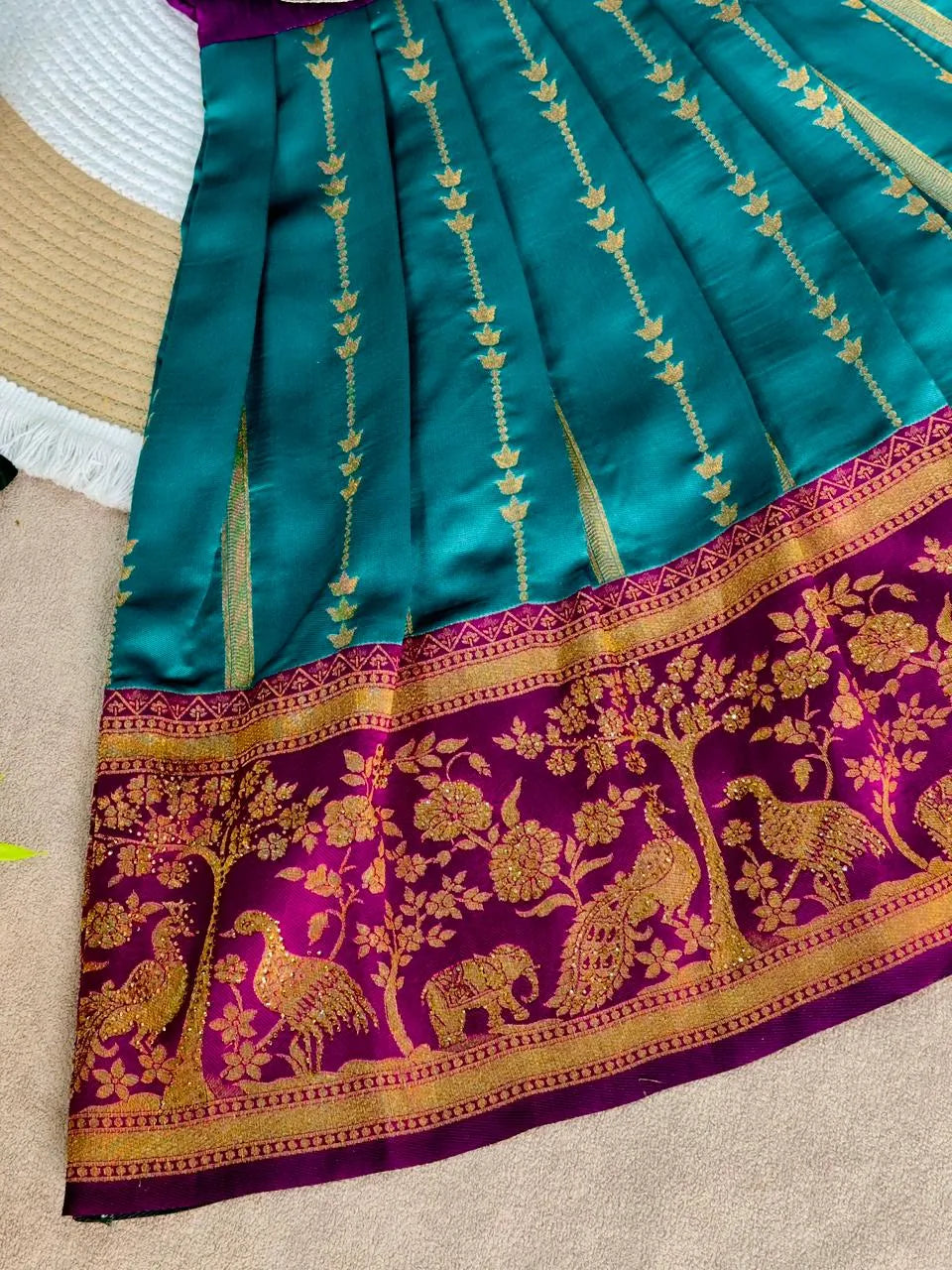 Jaquard Silk Lotus Maggam Work Gown/Frock - Purple & Rama