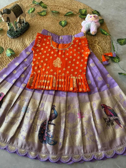 Peacock Grace Kids Lehenga Set - Orange & Lilac