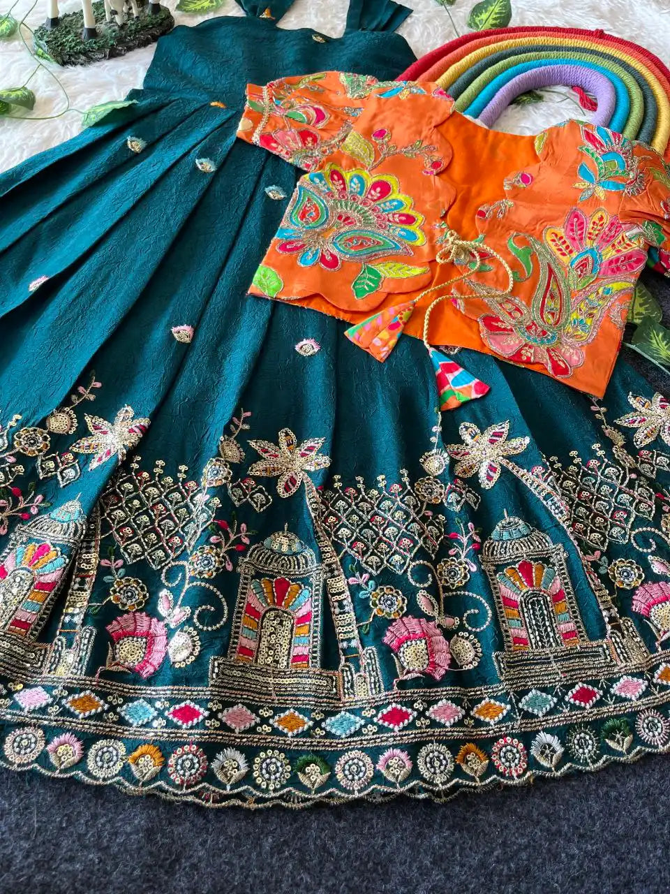 Temple Garden Designer Kids Festive Gown Set - Firozi