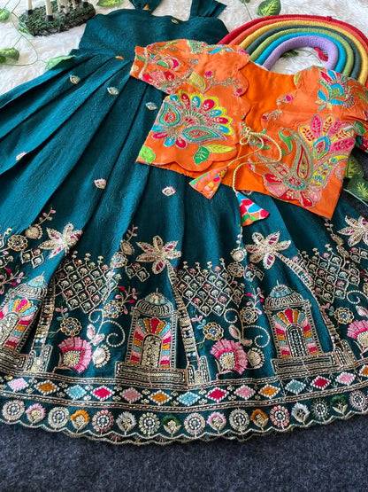 Temple Garden Designer Kids Festive Gown Set - Firozi
