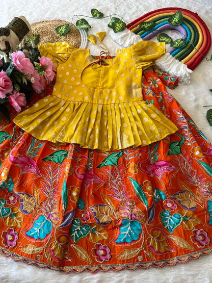 Kids Dola Silk Position Embroidered Lehenga Set - Yellow