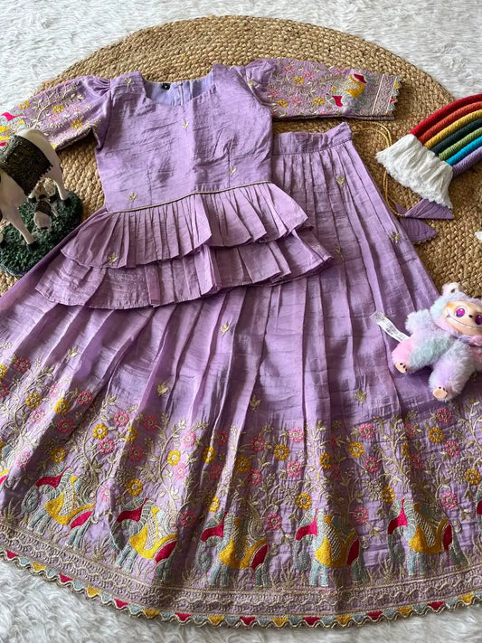 Kids Crush Fabric Elephant Embroidery Lehenga Set - Lavender