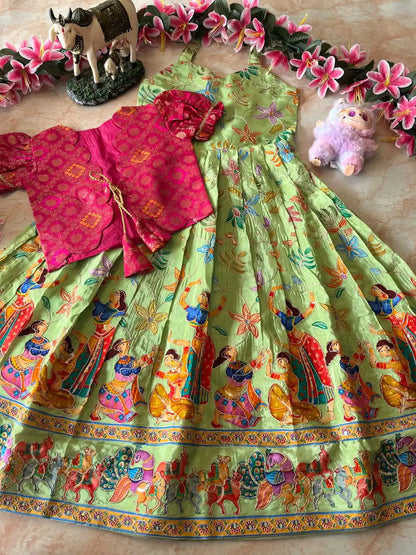 Beautiful Position & Kalamkari Kids Gown with Coat - Pista