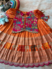 Kids Elephant 3D Weaving Lehenga - Orange