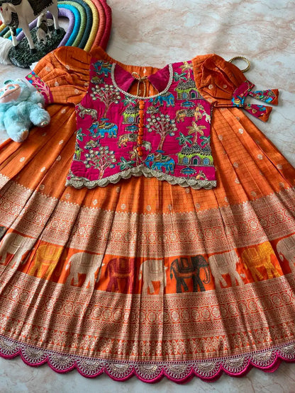 Kids Elephant 3D Weaving Lehenga - Orange