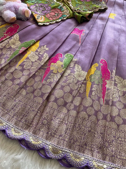 Parrot Design Floral Kids Gown with Coat - Lilac