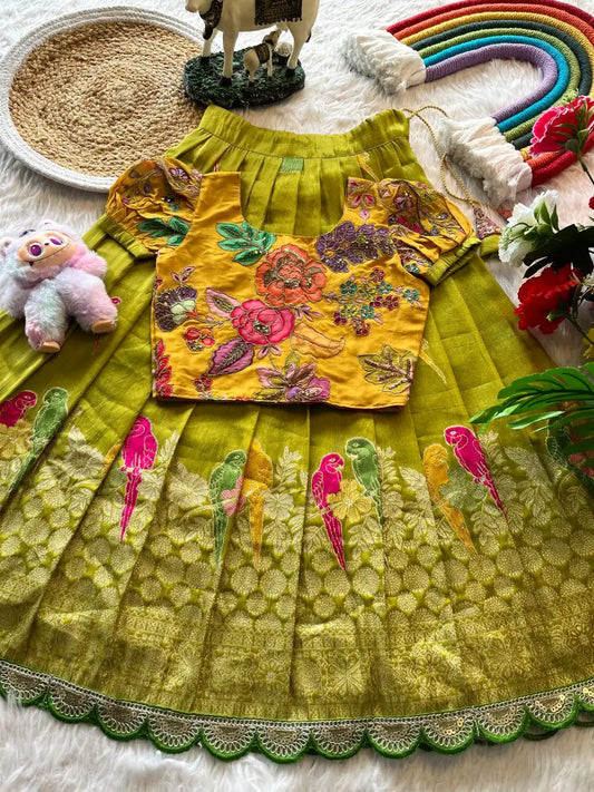 Kids Crepe Position Printed Lehenga - Parrot