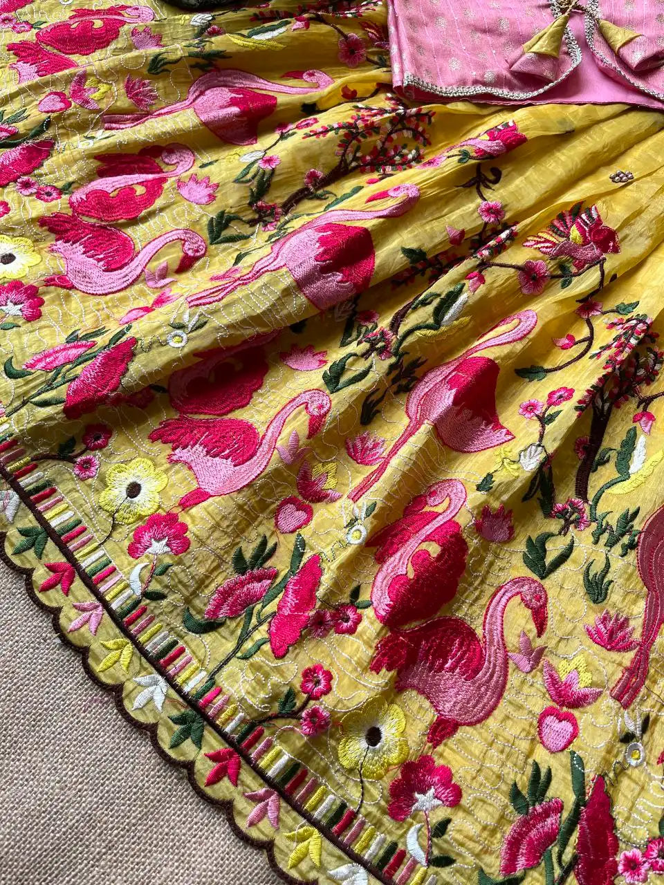 Flamingo Embroidery Kids Gown & Coat - Yellow