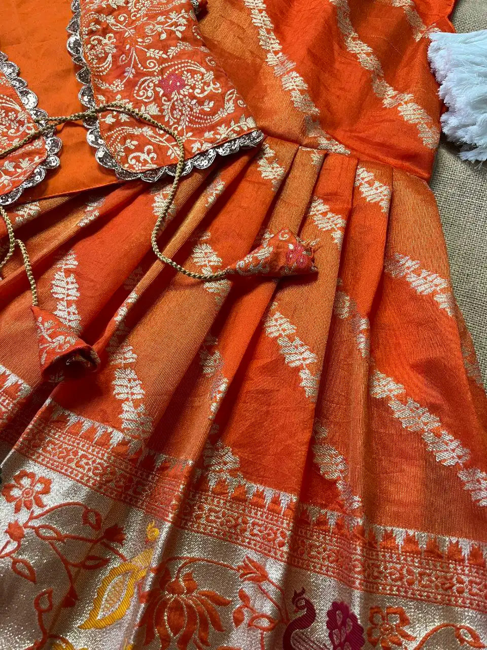 Soft Tissue Silk Paithani Weaving Kids Gown - Orange