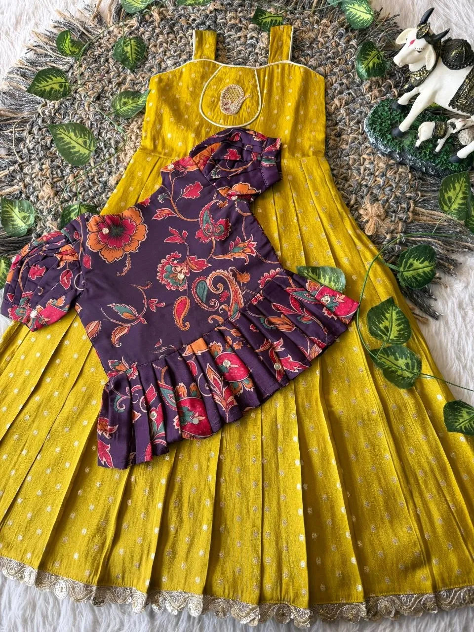 Kids Tissue Gown Kalamkari Mirror Work Coat - Yellow