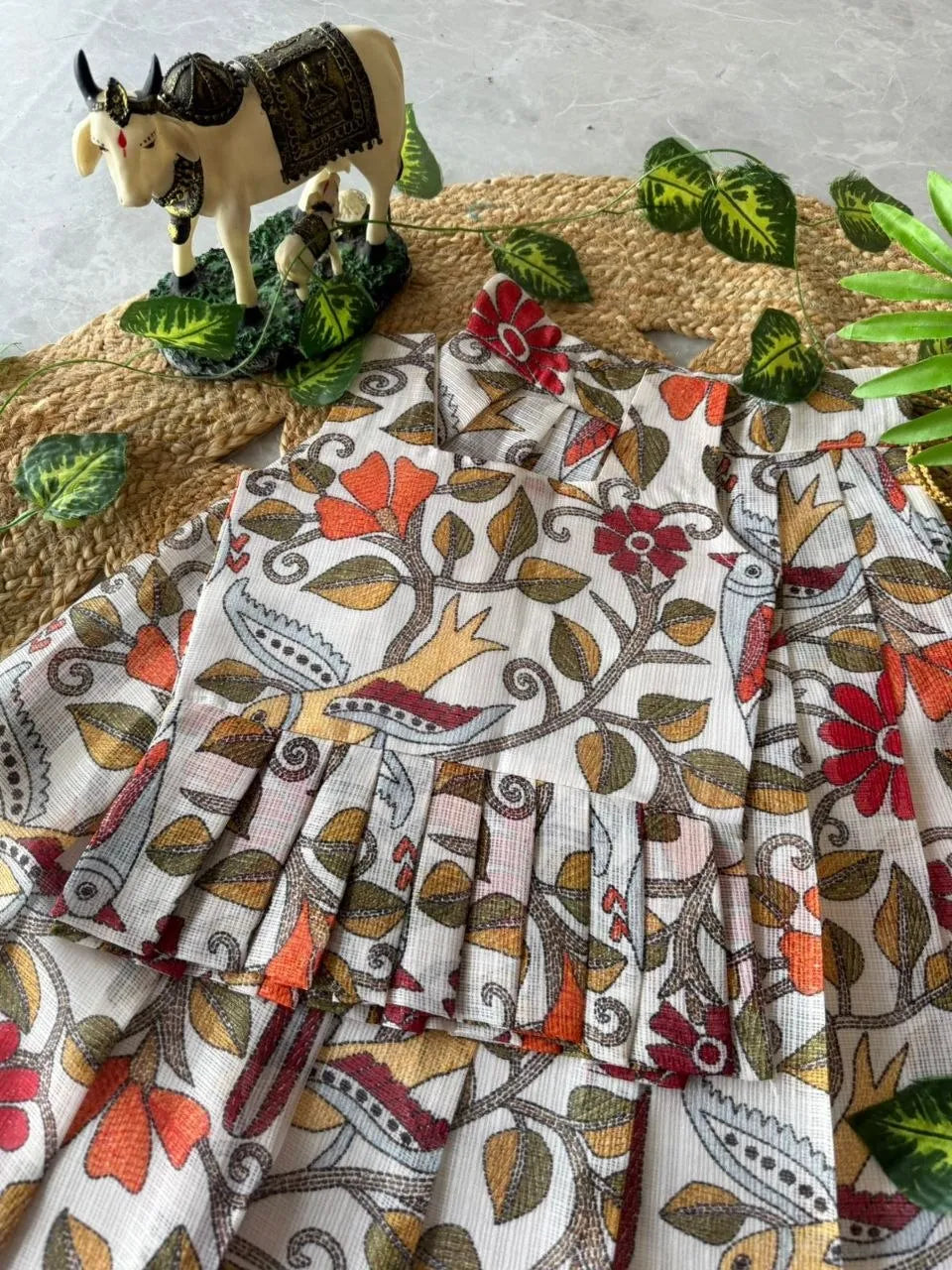 Kota Chex Kids Kalamkari Lehenga - White