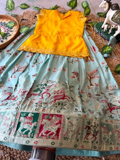 Kids Jungle Theme Position Jacquard Lehenga - Yellow & SKy