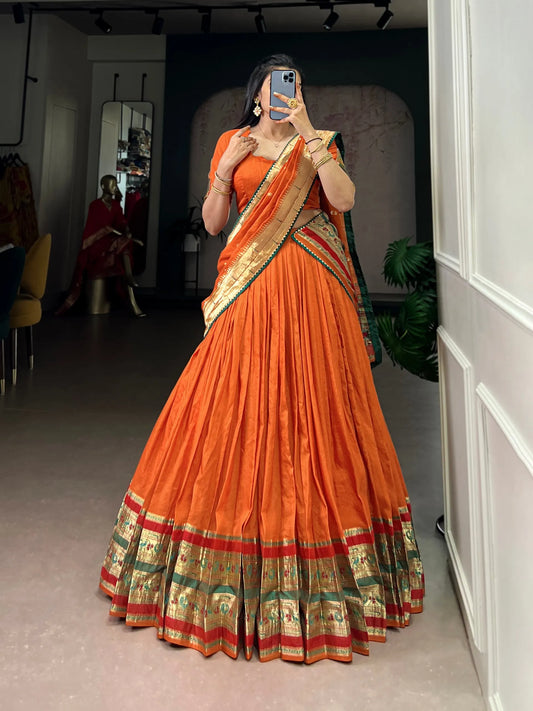Soft Pure Chanderi Gotta Patti Lace Paithani Lehenga Choli - Orange