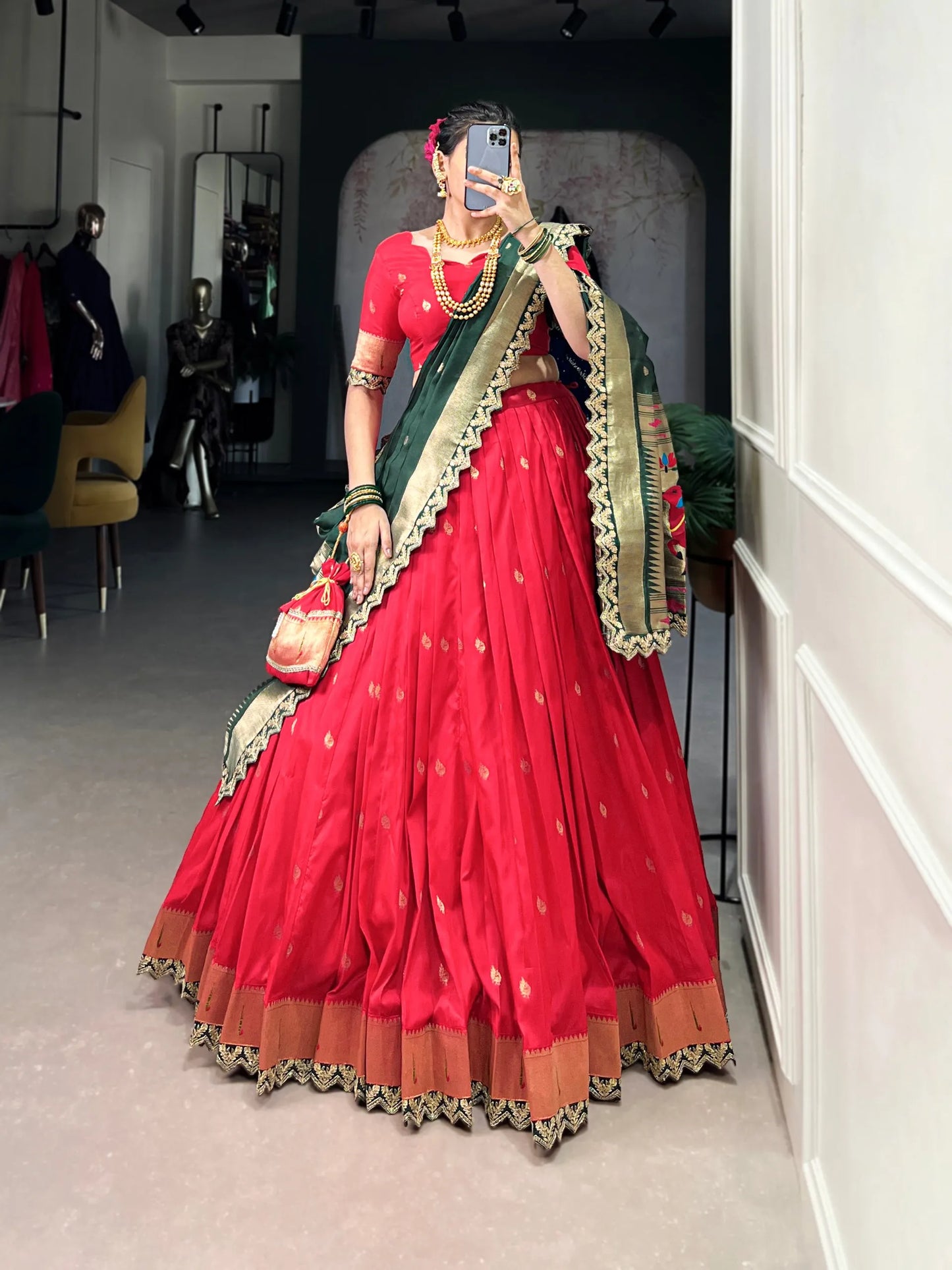 Maharashtrian Wedding Paithani Lehenga Choli - Red