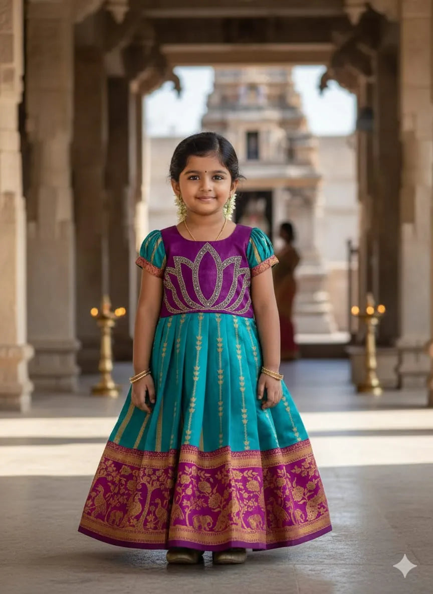Jaquard Silk Lotus Maggam Work Gown/Frock - Purple & Rama