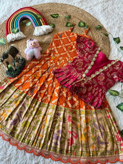 Kids Gown with Designer Coat- Rani Pink & Orange