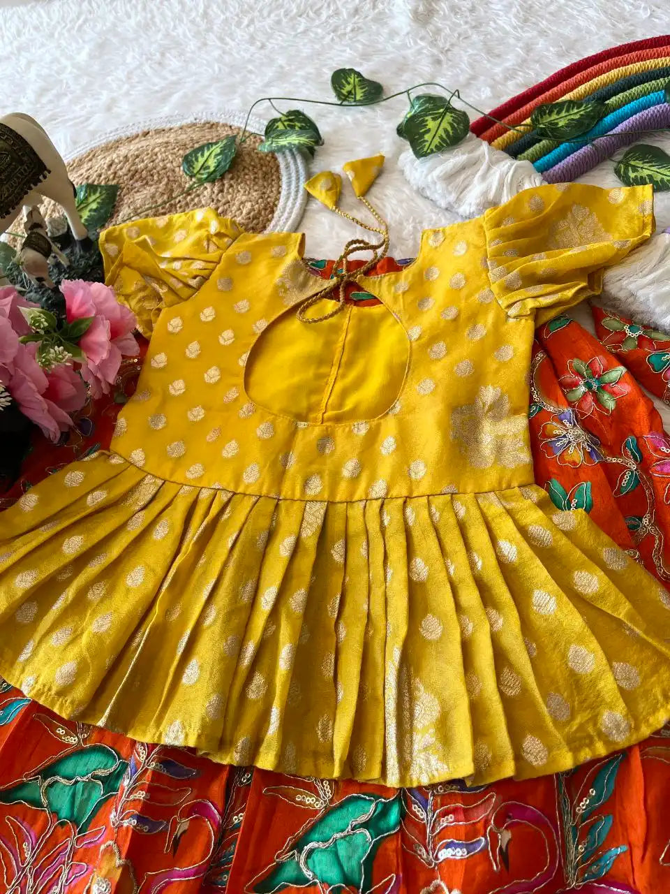 Kids Dola Silk Position Embroidered Lehenga Set - Yellow