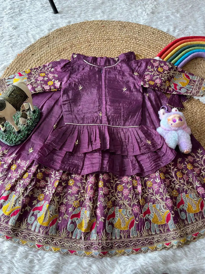 Kids Crush Fabric Elephant Embroidery Lehenga Set - Purple