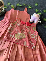 Kids Tissue Gown with Handwork Coat - Baby Pink